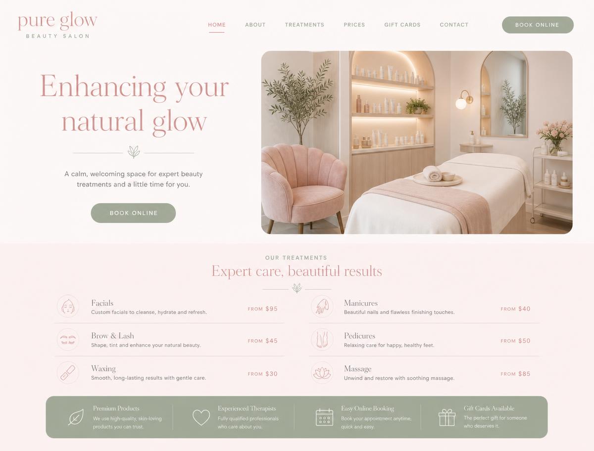 Pure Glow website concept — Beauty Salon